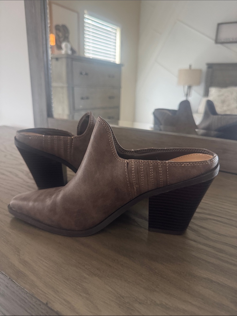 Taupe Slip-On Stacked Heel Mules